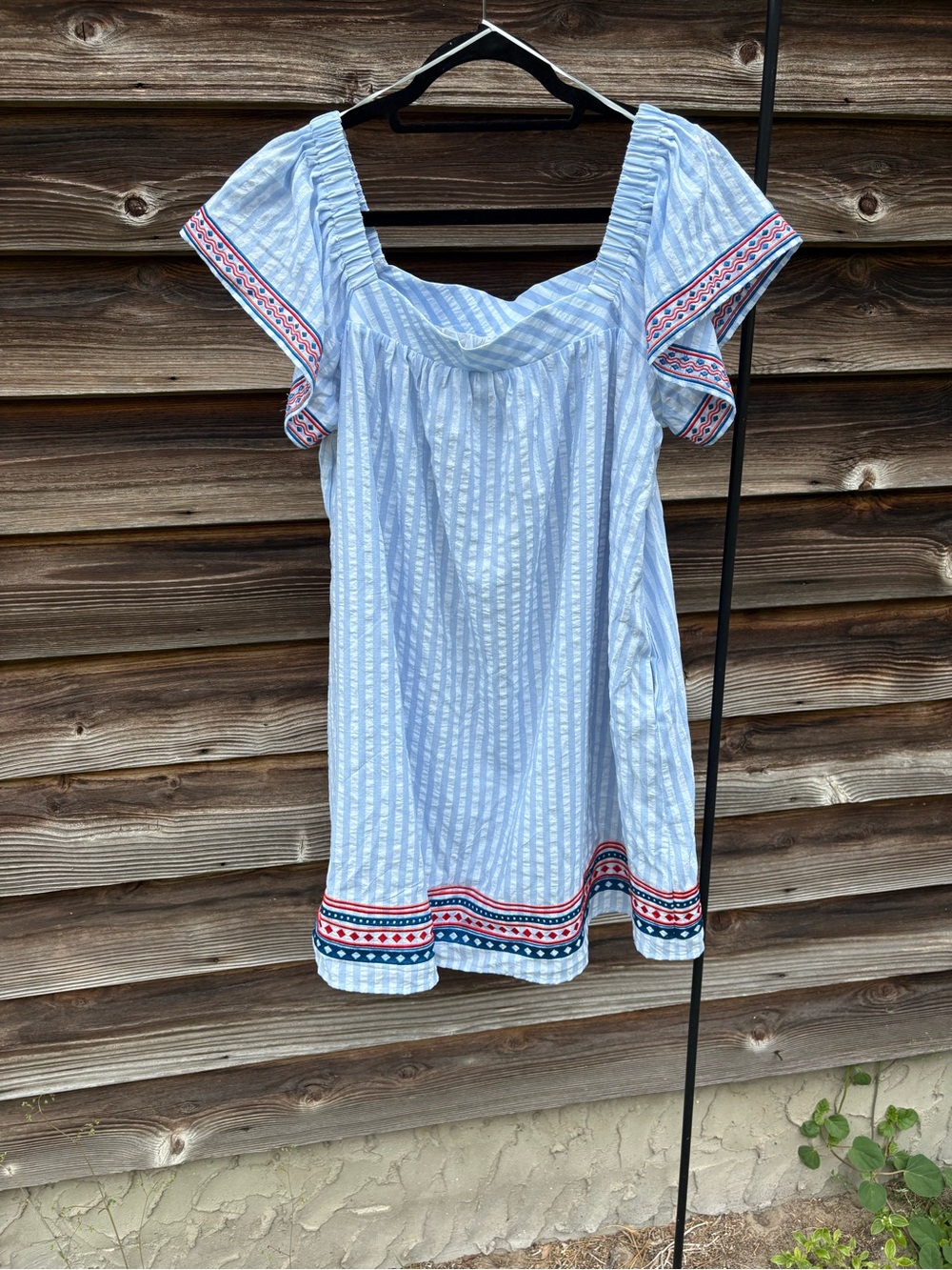 Fantastic Fawn Light Blue Striped Peasant Dress with Red & Navy Trim